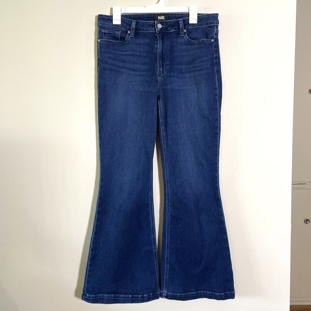 Paige Women's Genevieve High Waisted Flare Leg Jeans Size 32 Blue Dark Wash - Picture 2 of 9